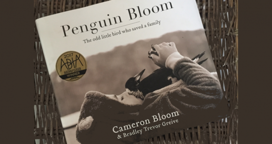 A image of the Book Penguin Bloom. The cover is in black and white. A young boy layin gon his back ina furry suit. HE hold on his chest a magpie who is grasping his hands with her claws.