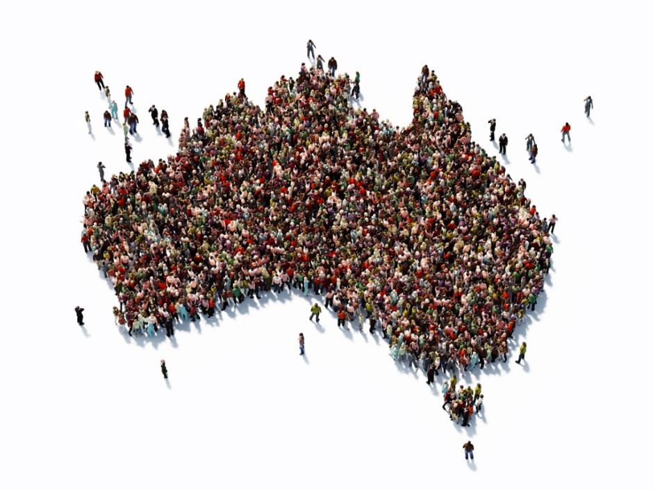A crowd of people in the shape of Australia.